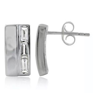 Sterling Silver 925 White Topaz Mosaic of Baguette Journey Bar Stud